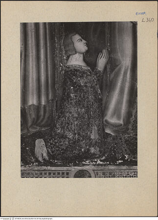 Vorderseite von ICCD [https://www.deutsche-digitale-bibliothek.de/content/lizenzen/rv-ez/] Christus thronend mit Heiligen, Karl von Kalabrien, König Robert 1, Sancia von Mallorca und Johanna 1. von Neapel - Detail: Karl von Kalabrien, bh188306_recto. Foto.