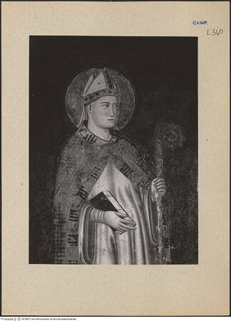 Vorderseite von ICCD [https://www.deutsche-digitale-bibliothek.de/content/lizenzen/rv-ez/] Christus thronend mit Heiligen, Karl von Kalabrien, König Robert 1, Sancia von Mallorca und Johanna 1. von Neapel - Detail: Ludwig (oberes Teil), bh188307_recto. Foto.