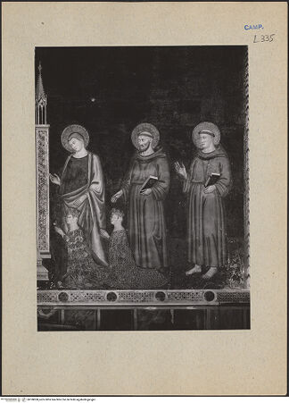 Vorderseite von ICCD [https://www.deutsche-digitale-bibliothek.de/content/lizenzen/rv-ez/] Christus thronend mit Heiligen, Karl von Kalabrien, König Robert 1, Sancia von Mallorca und Johanna 1. von Neapel - Detail: rechte Seite (Johannes, Franziskus und Antonius), bh188308_recto. Foto.