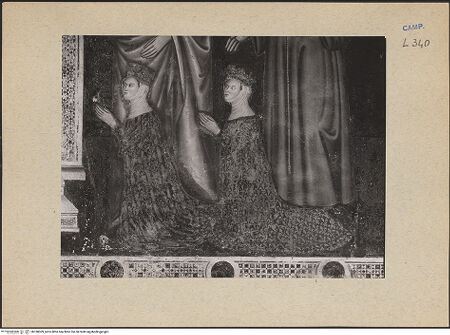 Vorderseite von ICCD [https://www.deutsche-digitale-bibliothek.de/content/lizenzen/rv-ez/] Christus thronend mit Heiligen, Karl von Kalabrien, König Robert 1, Sancia von Mallorca und Johanna 1. von Neapel - Detail: Sancia von Mallorca und Johanna 1. von Neapel, bh188309_recto. Foto.