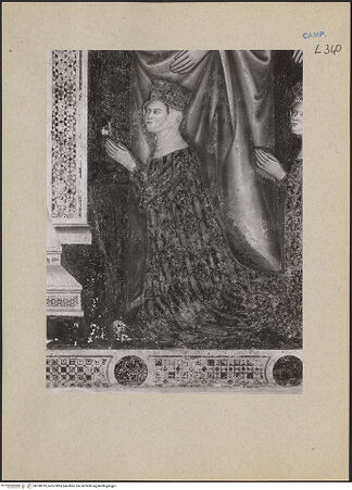 Vorderseite von ICCD [https://www.deutsche-digitale-bibliothek.de/content/lizenzen/rv-ez/] Christus thronend mit Heiligen, Karl von Kalabrien, König Robert 1, Sancia von Mallorca und Johanna 1. von Neapel - Detail: Sancia von Mallorca, bh188310_recto. Foto.