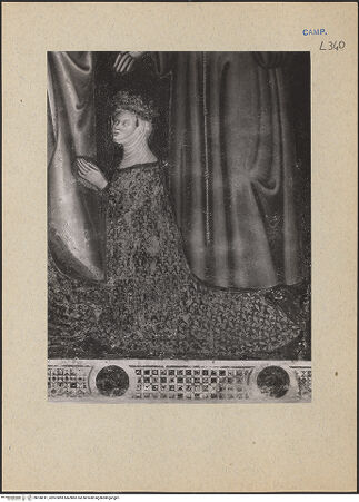 Vorderseite von ICCD [https://www.deutsche-digitale-bibliothek.de/content/lizenzen/rv-ez/] Christus thronend mit Heiligen, Karl von Kalabrien, König Robert 1, Sancia von Mallorca und Johanna 1. von Neapel - Detail: Johanna 1. von Neapel, bh188311_recto. Foto.