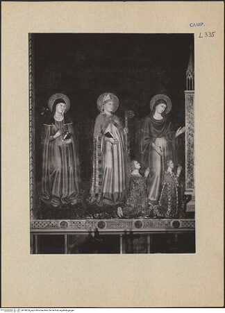 Vorderseite von ICCD [https://www.deutsche-digitale-bibliothek.de/content/lizenzen/rv-ez/] Christus thronend mit Heiligen, Karl von Kalabrien, König Robert 1, Sancia von Mallorca und Johanna 1. von Neapel - Detail: linke Seite (Klara, Ludwig und Maria), bh188339_recto. Foto.