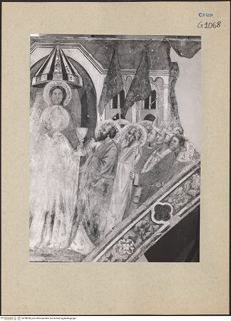 Vorderseite von ICCD [https://www.deutsche-digitale-bibliothek.de/content/lizenzen/rv-ez/] Die sieben Sakramente und der Triumph der KircheTriumph der Kirche - Teilansicht: Christus, Papst und Gruppe rechts (während der Restaurierung), bh188350_recto. Foto.