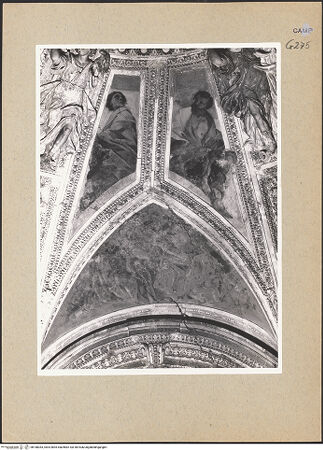 Vorderseite von Sopr. BAS NA [https://www.deutsche-digitale-bibliothek.de/content/lizenzen/rv-ez/] Martyrium und Glorie der Apostel Filippus und Jakobus und Aposteln (oder Propheten)Aposteln oder Propheten - Zweiter Zwickel links, bh188363_recto. Foto.