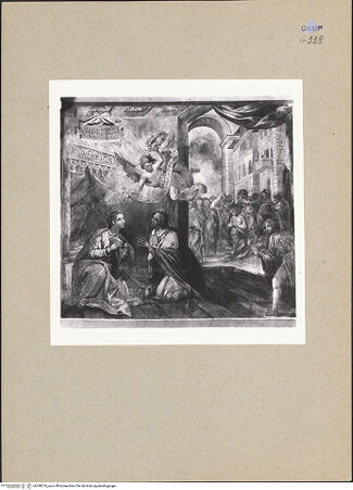 Vorderseite von Sopr. BAS NA [https://www.deutsche-digitale-bibliothek.de/content/lizenzen/rv-ez/] Szenen aus dem Leben der heiligen Lucia, Agatha und CäciliaMartyrium und Krönung der heiligen Cäcilia - Gesamtansicht, bh188374_recto. Foto.