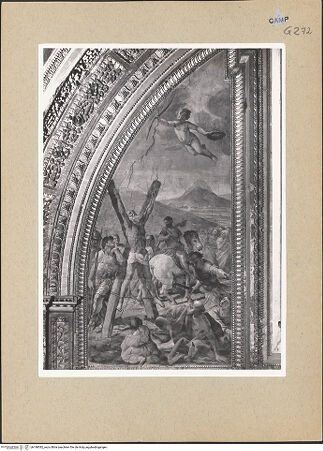 Vorderseite von Sopr. BAS NA [https://www.deutsche-digitale-bibliothek.de/content/lizenzen/rv-ez/] Martyrium und Glorie der Apostel Andreas und Jakobus und Aposteln (oder Propheten)Martyrium der Apostel Andreas und Jakobus - Kreuzigung des Andreas, bh188382_recto. Foto.