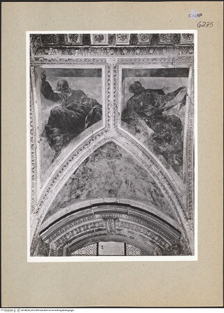 Vorderseite von Sopr. BAS NA [https://www.deutsche-digitale-bibliothek.de/content/lizenzen/rv-ez/] Martyrium und Glorie der Apostel Filippus und Jakobus und Aposteln (oder Propheten)Aposteln oder Propheten - Erster Zwickel rechts, bh188389_recto. Foto.