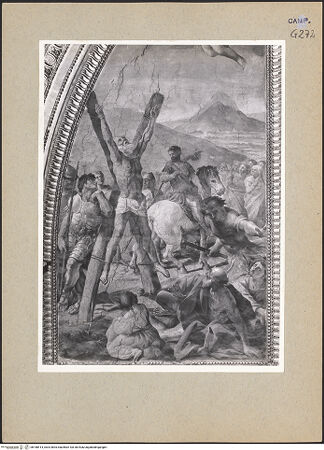 Vorderseite von Sopr. BAS NA [https://www.deutsche-digitale-bibliothek.de/content/lizenzen/rv-ez/] Martyrium und Glorie der Apostel Andreas und Jakobus und Aposteln (oder Propheten)Martyrium der Apostel Andreas und Jakobus - Kreuzigung des Andreas, Detail, bh188414_recto. Foto.