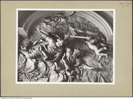 Vorderseite von unbekannt [https://www.deutsche-digitale-bibliothek.de/content/lizenzen/rv-fz/] Attilas Vertreibung durch Papst Leo I. - Detail: Eingreifen der Apostelfürsten, bh188938_recto. Foto: Rigamonti.