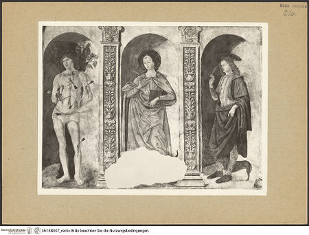 Vorderseite von Bibliotheca Hertziana [https://www.deutsche-digitale-bibliothek.de/content/lizenzen/rv-fz/] Madonna zwischen den Heiligen Modestus und Creszentia, darunter die Heiligen Vitus, Margarethe und Sebastian - Untere Zone, bh188947_recto. Foto: Rigamonti.