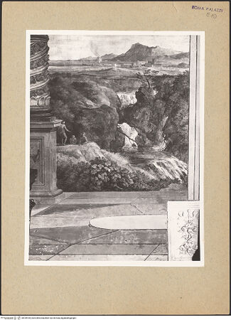 Vorderseite von Bibliotheca Hertziana [https://www.deutsche-digitale-bibliothek.de/content/lizenzen/rv-fz/] Weite Landschaften hinter illusionistischer Kolonnade mit bekrönender BalustradeLandschaft mit Stromschnellen, weiter Ebene und Bergen - Detail der rechten unteren Ecke: Stromschnellen, davor gemalter Fußboden, bh189165_recto. Foto: Rigamonti, F..
