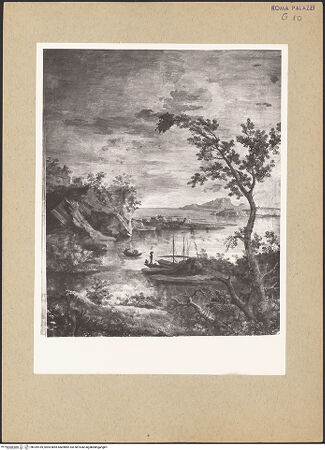 Vorderseite von Bibliotheca Hertziana [https://www.deutsche-digitale-bibliothek.de/content/lizenzen/rv-fz/] Seestücke zwischen GrisaillehermenMeeresbucht mit Fischern und Kloster auf einer Landzunge - Gesamtansicht des Bildfeldes ohne Rahmung, bh189169_recto. Foto: Rigamonti, F..