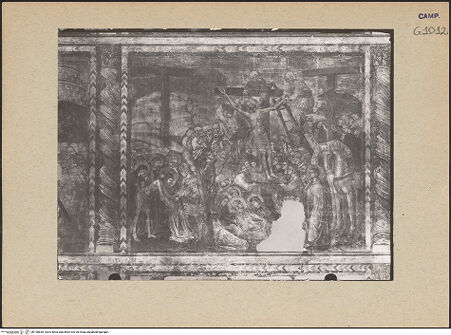 Vorderseite von Sopr. BAS NA [https://www.deutsche-digitale-bibliothek.de/content/lizenzen/rv-ez/] Passion Christi und Erscheinungen nach der AuferstehungChristus wird entkleidet. Die Kreuzaufrichtung - Gesamtansicht, bh190659_recto. Foto.