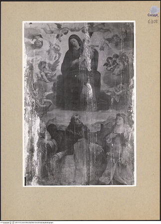 Vorderseite von Sopr. BAS NA [https://www.deutsche-digitale-bibliothek.de/content/lizenzen/rv-ez/] Madonna mit den heiligen Katharina von Alexandria, Thomas von Aquin und Katharina von Siena - Gesamtansicht (vor der Restaurierung), bh191413_recto. Foto.