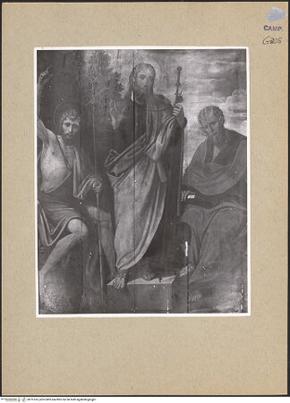 Vorderseite von Sopr. BAS NA [https://www.deutsche-digitale-bibliothek.de/content/lizenzen/rv-ez/] Heiliger Jakobus der Ältere zwischen den heiligen Johannes dem Täufer und Petrus (?) - Gesamtansicht (vor der Restaurierung), bh191415_recto. Foto.