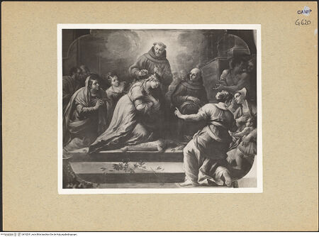 Vorderseite von Sopr. BAS NA [https://www.deutsche-digitale-bibliothek.de/content/lizenzen/rv-ez/] Franz von Assisi schneidet der heiligen Klara das Haar - Gesamtansicht, bh192341_recto. Foto.