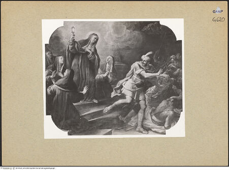 Vorderseite von Sopr. BAS NA [https://www.deutsche-digitale-bibliothek.de/content/lizenzen/rv-ez/] Heilige Klara vertreibt die Sarazenen von den Stadtmauern Assisis - Gesamtansicht, bh192342_recto. Foto.