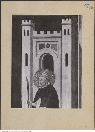 Vorderseite von ICCD [https://www.deutsche-digitale-bibliothek.de/content/lizenzen/rv-ez/] Kreuzigung mit Maria, Johannes, Dominikus und Petrus dem Märtyrer - Detail: rechte Seite, bh192636_recto. Foto.