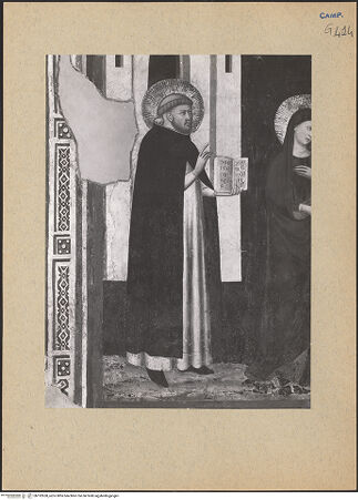 Vorderseite von ICCD [https://www.deutsche-digitale-bibliothek.de/content/lizenzen/rv-ez/] Kreuzigung mit Maria, Johannes, Dominikus und Petrus dem Märtyrer - Dominicus, bh192638_recto. Foto.