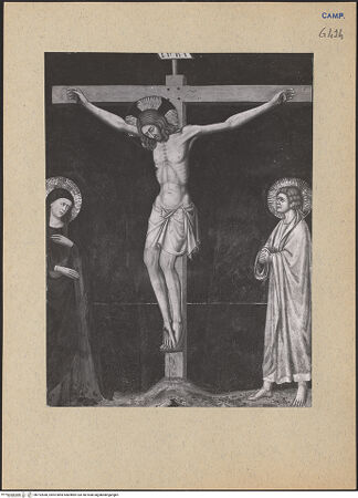 Vorderseite von ICCD [https://www.deutsche-digitale-bibliothek.de/content/lizenzen/rv-ez/] Kreuzigung mit Maria, Johannes, Dominikus und Petrus dem Märtyrer - Christus, bh192640_recto. Foto.