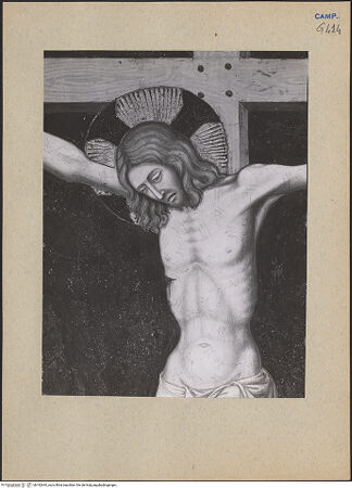 Vorderseite von ICCD [https://www.deutsche-digitale-bibliothek.de/content/lizenzen/rv-ez/] Kreuzigung mit Maria, Johannes, Dominikus und Petrus dem Märtyrer - Christus, Detail: Oberkörper, bh192643_recto. Foto.