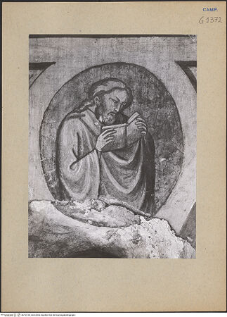 Vorderseite von ICCD [https://www.deutsche-digitale-bibliothek.de/content/lizenzen/rv-ez/] Szenen aus dem Leben der heiligen Maria MagdalenaUnbekannte Szene (Taufe des provenzalischen Fürsts?) - Detail: Architekturdekoration, ein Prophet, bh192734_recto. Foto.