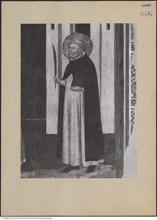 Vorderseite von ICCD [https://www.deutsche-digitale-bibliothek.de/content/lizenzen/rv-ez/] Kreuzigung mit Maria, Johannes, Dominikus und Petrus dem Märtyrer - Petrus der Märtyrer, bh192816_recto. Foto.