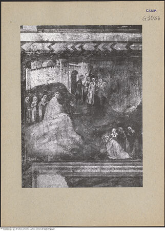 Vorderseite von ICCD [https://www.deutsche-digitale-bibliothek.de/content/lizenzen/rv-ez/] Szenen aus dem Leben der heiligen Elisabeth von ThüringenWeg, Werk, Demut und Tod der Elisabeth - Detail, Elisabeth verlässt nach dem Tod Ludwigs IV. mit ihrem Gefolge die Wartburg, bh192833_recto. Foto.