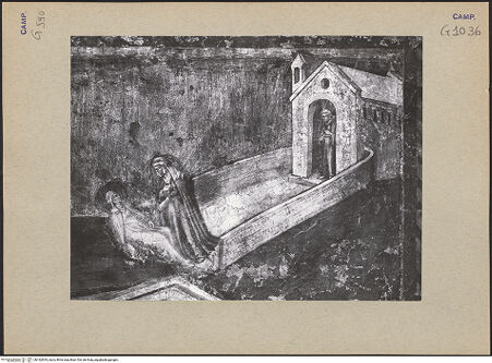 Vorderseite von ICCD [https://www.deutsche-digitale-bibliothek.de/content/lizenzen/rv-ez/] Szenen aus dem Leben der heiligen Elisabeth von ThüringenWeg, Werk, Demut und Tod der Elisabeth - Detail, Elisabeth ist vor einer Kirche zu Boden gestürzt, bh192834_recto. Foto.