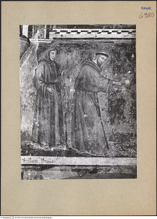 Vorderseite von ICCD [https://www.deutsche-digitale-bibliothek.de/content/lizenzen/rv-ez/] Szenen aus dem Leben des heiligen FranziskusDie Vogelpredigt des hl. Franziskus - Detail: Mönch und hl. Franziskus, bh192847_recto. Foto.