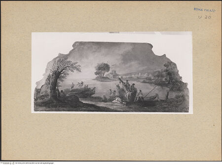 Vorderseite von GFN [https://www.deutsche-digitale-bibliothek.de/content/lizenzen/rv-ez/] Tür mit Landschaftsdarstellungen und FigurenPalazzo BarberiniLandschaft mit Ruine, Figuren, dahinter ruhige See mit einem Schiff - , bh192906_recto. Foto.