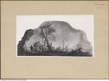 Vorderseite von GFN [https://www.deutsche-digitale-bibliothek.de/content/lizenzen/rv-ez/] Tür mit Landschaftsdarstellungen und FigurenPalazzo BarberiniLandschaft mit Ruine, Figuren, dahinter ruhige See mit Schiffen - , bh192907_recto. Foto.