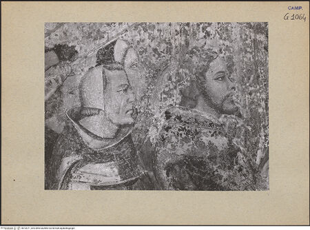 Vorderseite von ICCD [https://www.deutsche-digitale-bibliothek.de/content/lizenzen/rv-ez/] Die sieben Sakramente und der Triumph der KircheSakrament der Ehe - Detail: zwei Männer (während der Restaurierung), bh193271_recto. Foto.