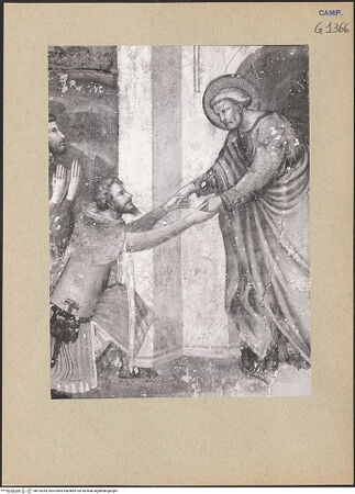 Vorderseite von ICCD [https://www.deutsche-digitale-bibliothek.de/content/lizenzen/rv-ez/] Szenen aus dem Leben der heiligen Maria MagdalenaDie Begegnung des provenzalischen Fürsts mit dem heiligen Petrus - Detail: der provenzalische Fürst und der heilige Petrus, bh193353_recto. Foto.