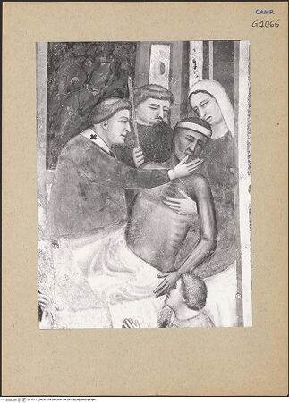 Vorderseite von ICCD [https://www.deutsche-digitale-bibliothek.de/content/lizenzen/rv-ez/] Die sieben Sakramente und der Triumph der KircheSakrament der Letzten Ölung - Detail: Sterbender und Priester (während der Restaurierung), bh193713_recto. Foto.