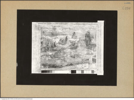 Vorderseite von Bibliotheca Hertziana [https://www.deutsche-digitale-bibliothek.de/content/lizenzen/rv-fz/] Fries mit Landschaftsdarstellungen und mythologischen SzenenFünf Landschaftsdarstellungen und eine Ansicht des Palazzo del Tè im BauHügelige Landschaft mit einer Kapelle und mit Felsen im Hintergrund - Gesamtansicht, bh193900_recto. Foto.