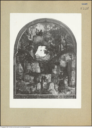 Vorderseite von Sopr. BAS NA [https://www.deutsche-digitale-bibliothek.de/content/lizenzen/rv-ez/] Szenen aus dem Leben des heiligen BenediktDer heilige Benedikt zieht sich in eine Felsenwüste zurück und lebt in einer Höhle (Sacro Speco) - Gesamtansicht, bh194606_recto. Foto.