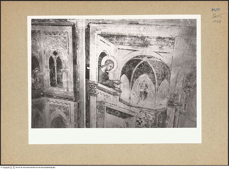 Vorderseite von Sopr. BAS BA [https://www.deutsche-digitale-bibliothek.de/content/lizenzen/rv-fz/] Die vier Evangelisten und zwei lateinischen Kirchenväter und zwei Heiligen; Szenen aus dem Leben der Heiligen KatharinaSüdwand: Szenen aus dem Leben der Heiligen Katharina; HeiligenZweites Register: Die heilige Katharina weist auf den wahren Gott hin; Streit mit den Philosophen; die bekehrten Philosophen werden gemartert - Streit mit den Philosophen, Detail: Engel (wahrend der Restaurierung 1969), bh195146_recto. Foto.