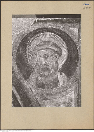 Vorderseite von ICCD [https://www.deutsche-digitale-bibliothek.de/content/lizenzen/rv-ez/] Die sieben Sakramente und der Triumph der KircheZwickelfelder mit Heiligendarstellungen in Tondi - Zwickel: Heiliger oder Apostel (während der Restaurierung), bh195185_recto. Foto.