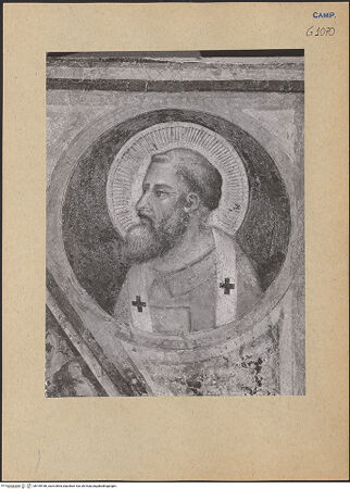 Vorderseite von ICCD [https://www.deutsche-digitale-bibliothek.de/content/lizenzen/rv-ez/] Die sieben Sakramente und der Triumph der KircheZwickelfelder mit Heiligendarstellungen in Tondi - Zwickel: Heiliger oder Apostel (während der Restaurierung), bh195186_recto. Foto.