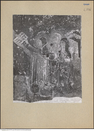 Vorderseite von ICCD [https://www.deutsche-digitale-bibliothek.de/content/lizenzen/rv-ez/] Franziskus verteilt die Ordensregel an einige andere Heilige - Hl. Klara und Hl. Elisabeth, bh195701_recto. Foto.