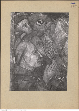 Vorderseite von ICCD [https://www.deutsche-digitale-bibliothek.de/content/lizenzen/rv-ez/] Franziskus verteilt die Ordensregel an einige andere Heilige - Mönche, linke Seite, Detail, bh195702_recto. Foto.