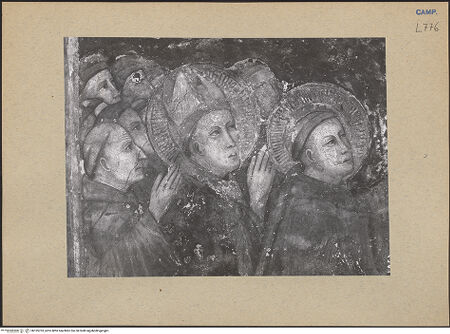 Vorderseite von ICCD [https://www.deutsche-digitale-bibliothek.de/content/lizenzen/rv-ez/] Franziskus verteilt die Ordensregel an einige andere Heilige - Hl. Ludwig und Hl. Antonius, Detail, bh195703_recto. Foto.