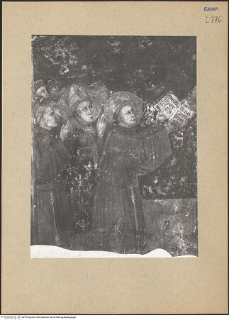 Vorderseite von ICCD [https://www.deutsche-digitale-bibliothek.de/content/lizenzen/rv-ez/] Franziskus verteilt die Ordensregel an einige andere Heilige - Hl. Ludwig und Hl. Antonius, bh195704_recto. Foto.