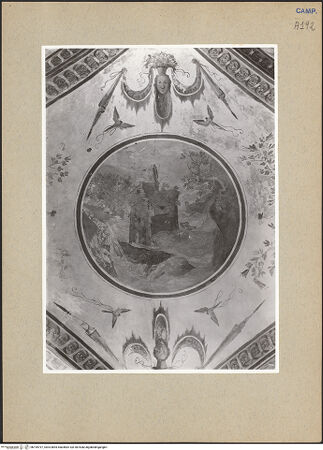 Vorderseite von Sopr. BAS NA [https://www.deutsche-digitale-bibliothek.de/content/lizenzen/rv-ez/] Landschaften und Grotesken - Detail: Gewölbe mit Landschaft und Gretesken, bh195797_recto. Foto.