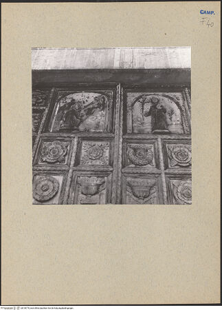 Vorderseite von Bibliotheca Hertziana [https://www.deutsche-digitale-bibliothek.de/content/lizenzen/rv-fz/] Kassettierte Doppelflügeltür mit floralen Motiven und den Heiligen Antonius von Padua und Franz von Assisi - Die heiligen Franziskus und Antonius von Padua, bh196770_recto. Foto: Lehmann-Brockhaus, Otto.