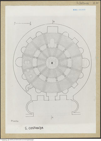 Vorderseite von unbekannt [https://www.deutsche-digitale-bibliothek.de/content/lizenzen/rv-fz/] Grundriss des Mausoleo di Santa Costanza - Grundriss, bh200396_recto. Foto.