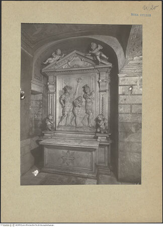 Vorderseite von Sopr. Mon. Laz. [https://www.deutsche-digitale-bibliothek.de/content/lizenzen/rv-ez/] Haarwunder der heiligen Agnes - Schrägansicht mit Ädikularahmung, bh200563_recto. Foto.