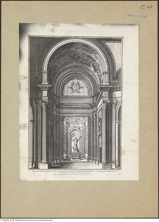 Vorderseite von Bibliotheca Hertziana [https://www.deutsche-digitale-bibliothek.de/content/lizenzen/rv-fz/] Studio d'Architettura civile: opera de più celebri architetti de nostri tempi3. Sopra varie chiese, cappelle di Roma, e palazzo di Caprarola, et altre fabriche con le loro facciate, spaccati, piante e misure. 1721Fol. 46 Sant'Agnese in Agone, Cappella di Sant'Agnese mit der Statue der Heiligen - , bh200564_recto. Foto.